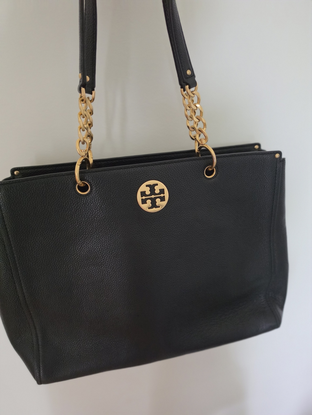 Tory Burch Black Leather Tote with Gold Chain Handles